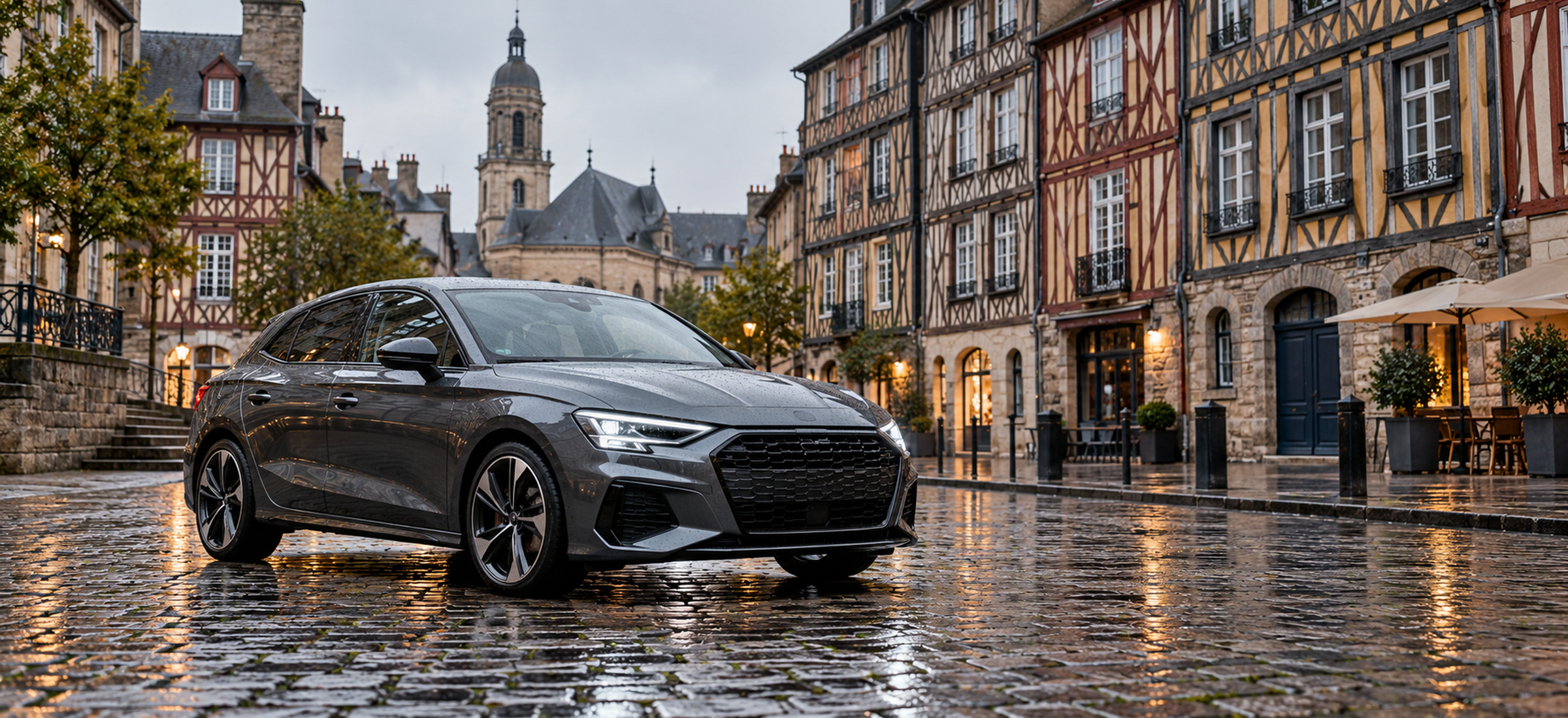 voiture propre sur une rue pavée rennaise après la pluie